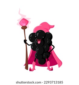 Cartoon black currant berry wizard or magician character. Funny vector magic personage in cloak with staff. Wiz or sorcerer with cute face, garden plant enchanter, isolated necromancer casts spell