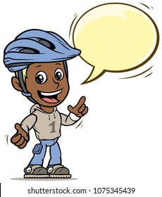 Cartoon black cute smiling flat blonde boy character in protective helmet with yellow speech bubble. Isolated on white background. Vector icon.