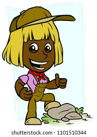 Cartoon black cute standing smiling blonde farmer girl character in cap and overalls. On blue background with stone. Vector icon.