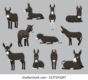 Cartoon Black Donkey Varia Poses Cartoon Vektorgrafik