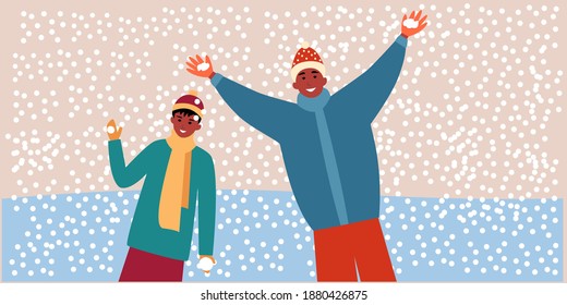 
Cartoon Black Father And Son In Winter Colored Modern Clothes On A Winter Background. Vector In Flat Style. World Snow Day. Family Play With Snow. Family Fun. Snowfall While Walking.