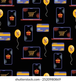 Patrón sin costuras de Elementos de viernes negros de dibujos animados. Compras, descuentos Cupón. Oferta de descuento especial Anuncio. Conjunto de ofertas promocionales de Ilustración vectorial aislada sobre fondo