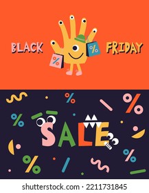 Caricatura Niños del Viernes Negro, monstruo del personaje, cartel de venta dibujado a mano, letras. Bolsas de compras para los niños. Ilustración vectorial plana para banner web, publicidad, portada, volante.