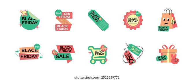 Etiqueta engomada negra del viernes de la historieta. Pegatinas retro, parches, etiquetas para ir de compras, descuentos, grandes ofertas. Conjunto de ofertas promocionales Black Friday