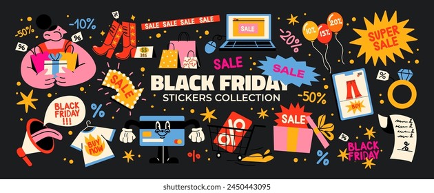 Cartoon black friday stickers. Retro stickers, patches labels for shopping, discounts, great deals. Set of promo offers in groovy vintage doodle acid style