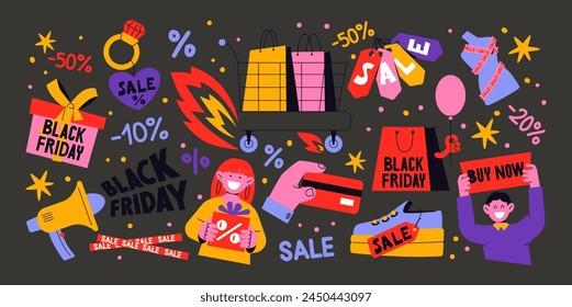 Cartoon black friday stickers. Retro stickers, patches labels for shopping, discounts, great deals. Set of promo offers in groovy vintage doodle acid style