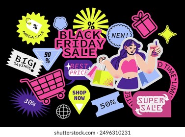 Cartoon black friday stickers. Retro doodle stickers, patches labels for shopping, gifts, discounts, great deals, shopping girl.