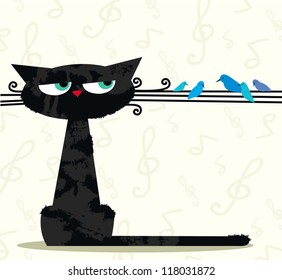 Cartoon black funny cat looking at the birds sitting on his mustache