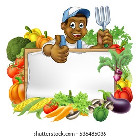 A cartoon black gardener holding a gardening tool and giving a thumbs up with a sign surrounded by vegetables and fruit garden produce