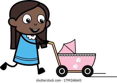 Caricatura Niña Negra con Carro de Bebé Diseño Ilustración