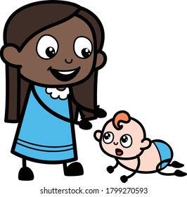 Cartoon Black Girl with Crowling Baby Character Design Illustration