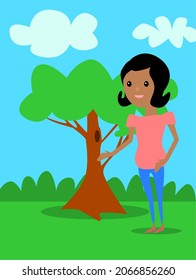 Cartoon black girl in a garden or park with a tree and clouds.