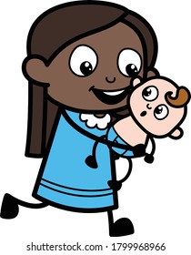 Caricatura Niña Negra sosteniendo un personaje de bebé Ilustración de diseño