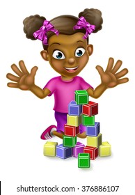 Cartoon black girl playing with stacking toy building blocks