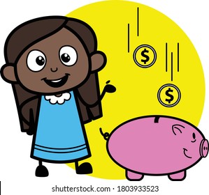 Cartoon Black Girl saving money in piggy bank