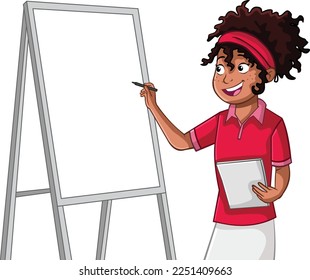 Cartoon black girl writing on board. Teenager student taking notes.
