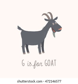 Cartoon black goat. G is for Goat. Vector clipart eps 10 hand drawn illustration isolated on white.