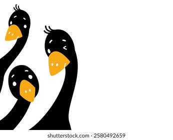 Cartoon black goose banner with empty space. Curious geese peeking, cute farm birds looking front. Adorable funny bird, decorative poster with vector animals