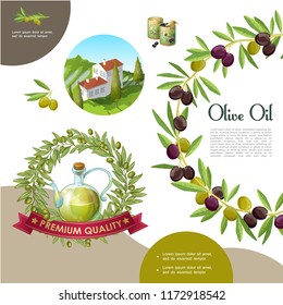 Cartoon black and green olive template with olive branch wreath cans bottle of natural oil building on hill vector illustration