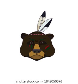 Cartoon Black Grizzly with paints on head in Indian band with feathers, vector illustration feathers on white isolated background for prints, stickers, patterns, icons for social networks or emblems.