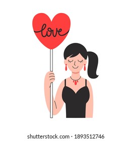 Cartoon black hair girl holding heart sign in hand. Isolated flat vector illustration for card, web banner, social media, or poster. Hand-drawn vector art with love message, valentine's day concept.