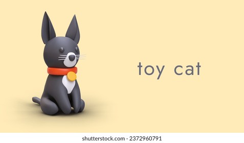 Cartoon black happy cat with collar. 3d realistic toy. Funny little pet. Poster for toy store with place for text. Vector template, illustration with yellow background