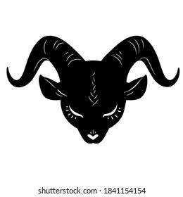 cartoon black head of cute goat with closed eyes