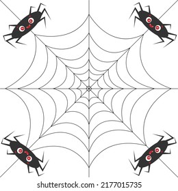 Cartoon black helloween spiders with red eyes weave a web on a white background