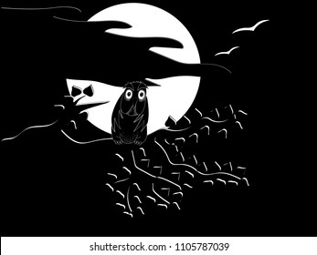 The cartoon black illustration of a night scene with an owl sitting on a branch of a tree, full white moon, silhouettes of clouds and birds