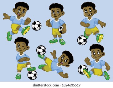 cartoon black kid soccer player set