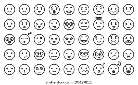 Cartoon black line emoji set. Vector flat emoticon collection isolated on white. Mood and facial smiles. Funny, angry, happy and sad faces web icons for message.