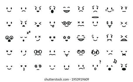 Cartoon black line face set. Vector flat emoticon collection isolated on white. Mood and facial smiles. Funny, angry, happy and sad faces web icons for message.