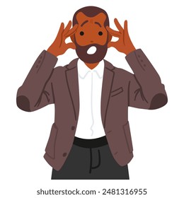 Cartoon Black Male Character With Shocked And Surprised Expression, With Hands On Head. Businessman In A State Of Disbelief Or Fear. Vector Concept For Use In Emotional, Reaction Or Dramatic Content