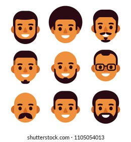 Cartoon black man avatar icon set. Cute and simple male portraits with different haircuts and facial hair. Flat design vector illustration.