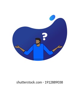 Cartoon black man doubts, thinks why. Man with question mark. Vector illustration