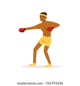 Cartoon black man in protective gloves. Professional male boxer in fighting pose. Strong sportsman character. Boxing training. Combat sport. Isolated flat vector