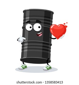 cartoon black metal oil barrel character mascot keeps the heart on white background