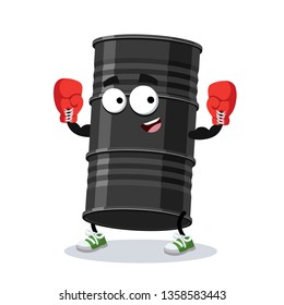 cartoon black metal oil barrel mascot in red boxing gloves on white background