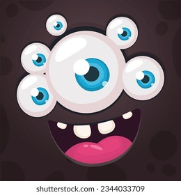 Cartoon black monster or alien face with many eyes. Vector Halloween monster illustration