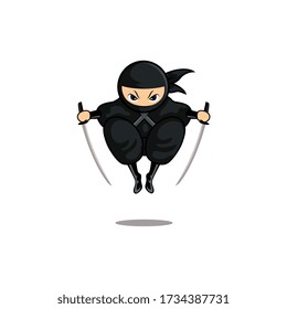 cartoon black ninja jump with two sword