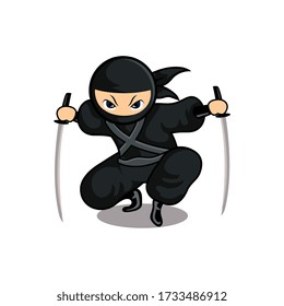 cartoon black ninja squat with two swords