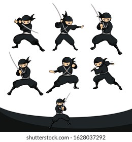 cartoon black ninja start move with sword action set in tall version
