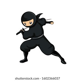 cartoon black ninja tall version ready to attack with sword