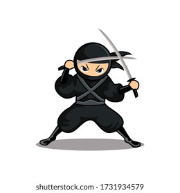 cartoon black ninja use two sword and ready to attack
