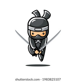 cartoon black ninja use two sword with jump