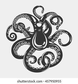 Cartoon black octopus with curved arms and suction cups on it, feeding tentacle. Spineless squid or underwater cuttlefish, scary mollusk and swimming cephalopod. For mascot or emblem, tattoo theme