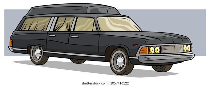 Cartoon black old long classic funeral hearse car cross and curtains with roof rack on violet background. Vector icon.