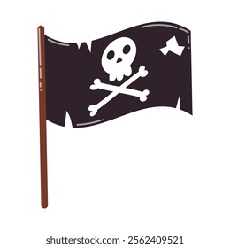 Cartoon black old pirate flag with skeleton. Jolly Roger flag.