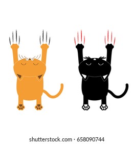 Cartoon black and orange cat set. Back view. Red bloody claws animal scratch scrape track. Cute funny character with face. White background. Isolated. Flat design. Vector illustration