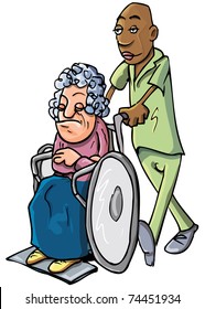 Cartoon of a black orderly pushing an old lady in a wheelchair